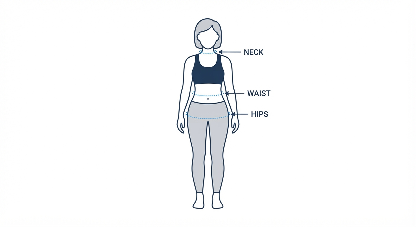 Diagram showing proper measurement points for neck, waist, and hip circumference