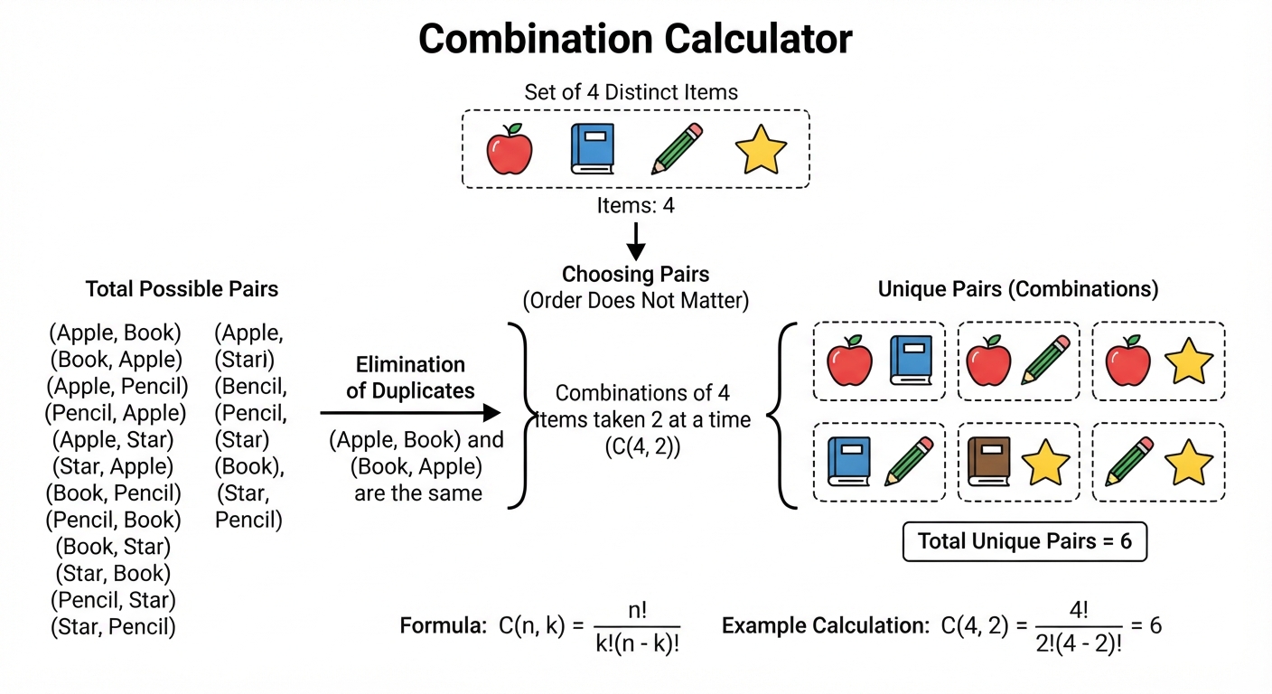 A visual representation showing a set of four distinct items being grouped into pairs where order does not matter